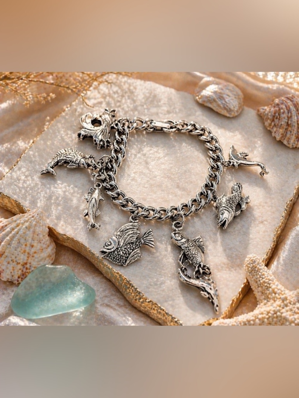 Vtg Heavy Charm Bracelet Silver Tone Fish Coastal Nautical Ocean Whimsical Beach